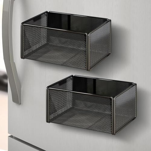 Set med 2 magnetiska kylskåpshyllor med hushållspappershållare, organisatör för kök och kryddburkar, svart