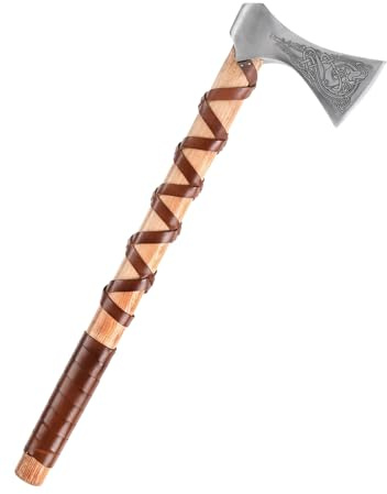 Battle-Merchant - Wikinger-Axt aus Stahl, mit Gravur und Lederwicklung - Axt-Kopf nach Petersen Typisierung - Mittelalter Beil - Dekoration (Typ K)