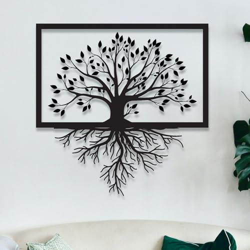Dekory Décoration murale arbre de vie en métal noir – Motif racines et branches, silhouette minimaliste style industriel – Art mural géométrique contemporain pour salon ou bureau - 40x40 CM