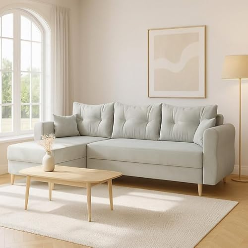 Agritrade AK Zako L Corner Sofa Bed with Storage – Reversible Chaise & Pull-Out Guest Bed (Light Grey)