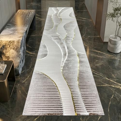 Teppich-Traum Kurzflor Teppich Wellenmuster Creme Weiß Gold 80x300 cm | Pflegeleicht, schmutzabweisend, strapazierfähig, angenehm weich, seitlich gekettelt, fußbodenheizungsgeeignet, 8 mm Flor