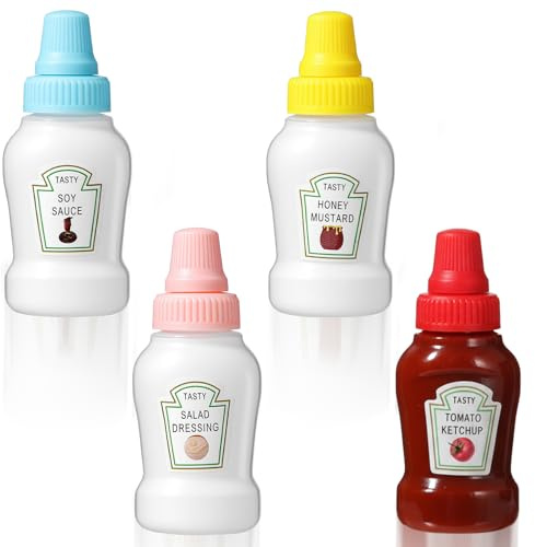 Sibba Mini Ketchup Bottles Colorful Cute Tomato Ketchup Bottle 4PCS 25ml Refillable Condiment Squeeze Bottle Plastic Sauce Container Mayo Syrup Containers Portable Bento Box Condiment Squeeze Bottles