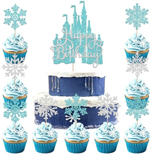 Xsstarmi 25 Pack Frozen Castle Cake Topper Decorations Set Blue Glitter Snowflakes Ice Castle Cake Pick for Winter Frozen Theme Baby Shower Kids Birthday Party Cake Decorations Supplies