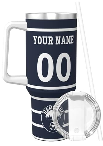 Personalisiert Hamburg Thermobecher,Travel Isolierbecher mit Namen & Nummer | Trinkflasche mit Deckel und Strohhalm|Edelstahl-Thermosflasche 1.2L| BPA Frei|Geschenke Für Fußballfans