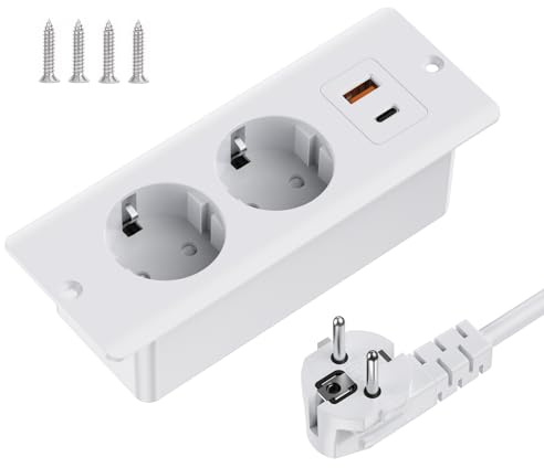 Versenkbare Steckdose mit USB, Tischsteckdose mit 2 USB und 2-Fach Steckdosenleiste, Tischplatte Versenkte Doppelstecker mit 2M Kabel, Einbau steckdosenleiste für Arbeitsplatte Möbel, Weiß