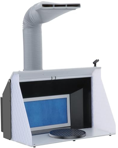 Cabina de pintura para aerógrafo 9 m³/min, velocidad ajustable con doble ventilador, 3 LED, tocadiscos 20 cm – Portátil para modelismo y aficiones profesionales con tubo telescópico