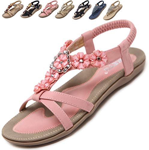 Acfoda Damen Sandalen Sommer mit Blumen Strass Bohemian Sandaletten Flach Offene Sommerschuhe Frauen mit Weiches Fußbett Outdoor Freizeit Strand Schuhe Rosa 44 EU = Herstellergröße 45
