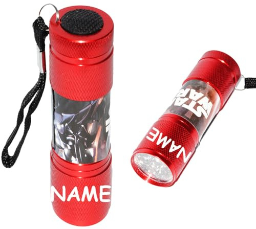 alles-meine.de GmbH stabile Metall - Mini - Taschenlampe LED - Star Wars - rot - incl. Name - für Kinder & Erwachsene - Lampe/Projektor - 9 Fach LEDlicht - Licht Auto Kinde..