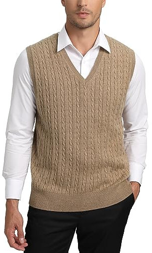 Kallspin Men’s Sweater Vest Wool Blend Cable Knit Sleeveless Jumper Casual Pullover Knitwear(Coffee, L)