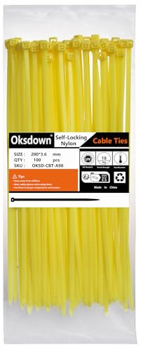 Oksdown 100 Pack Yellow Plastic Cable Ties 200mm×3.6mm Heavy Duty Nylon Garden Zip Tie Multi Purpose Premium 8 inch/20 cm Tie Wraps