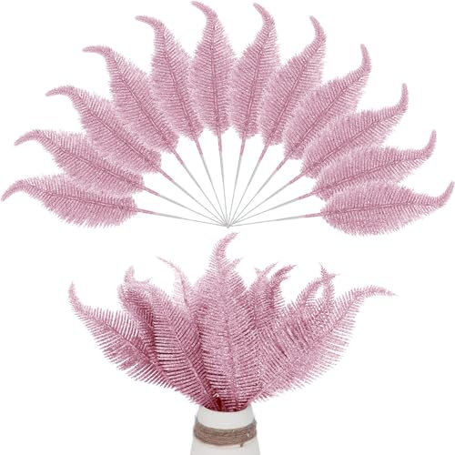 Kunjocy 12 Pieces Christmas Tree Feathers Decorations Artificial Glitter Leaves Picks Christmas Giant Baubles Ornament for DIY Accessories Christmas Tree Flower Arrangements Wreath Garland (Pink)
