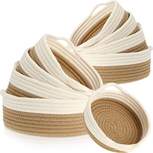 10 Pieces Woven Baskets Cotton Rope Basket Shelf Closet Organizer Bins Round Key Bowl for Entryway Table Shallow Montessori Baskets Key Tray for Home Decor Nursery Shelving Storage Organizing, 5 Sizes