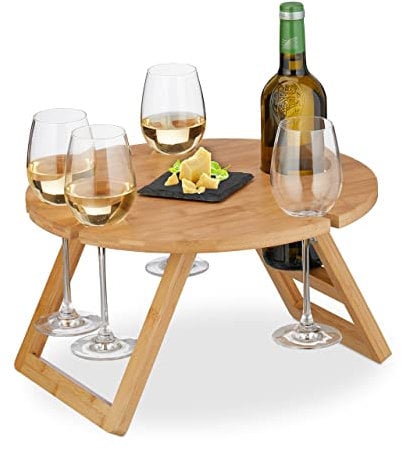 Relaxdays Picknick Weintisch, klappbar, HxD: 22x39cm, Getränkehalter 4 Weingläser & 1 Flasche, Bambus Weintablett, Natur