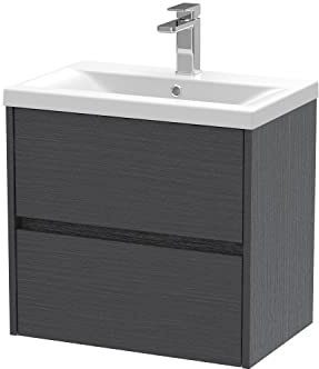 Hudson Reed HAV2204A Havana Modern Bathroom Wall Hung 2 Drawer Vanity Basin Unit & Mid-Edge Ceramic Basin, 600mm, Woodgrain Graphite Grey