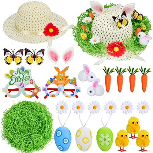 Abitoncc Kit de decoración de capó de Pascua, haz tu propio sombrero de Pascua para niños, sombrero de Pascua, sombrero de paja, pollitos, huevos, conejos, zanahorias, hierba, kit de decoración de