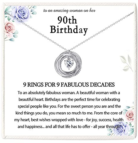 KORAS 90th Birthday Gifts for Women, 90 Birthday Gifts for Her, Sterling Silver Necklace Jewellery with 9 Rings, 90th Birthday Present Ideas for Friend Nana Sister Mum