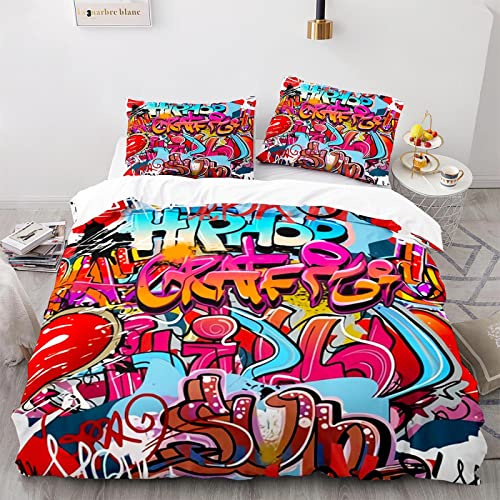 APTTEK 135X200Cm Bettwäsche 135X200 3Er Set + Kissenbezug 80X80 cm Bettwäsche Graffiti Hip Hop Weiches Polyester Bettwaren & Bettwäsche Langlebig Und Schnell Trocknend