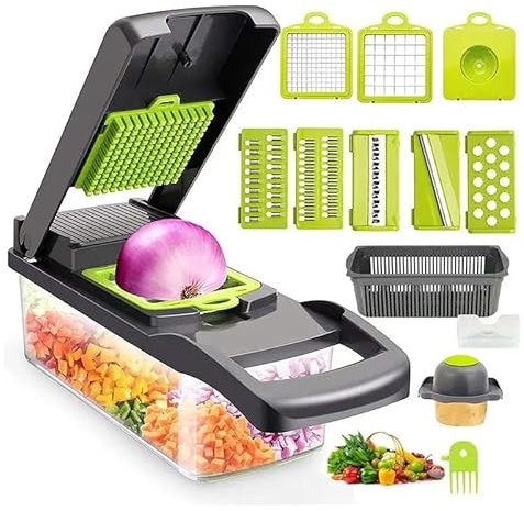 Vegetable Chopper, 12 in 1 Onion Chopper with Large Container, Adjustable Mandolin Slicer, Grater, Household Kitchen Cutter for Veggie, Vegetable Cheese Fruit Potato Dicer + ABS Materials