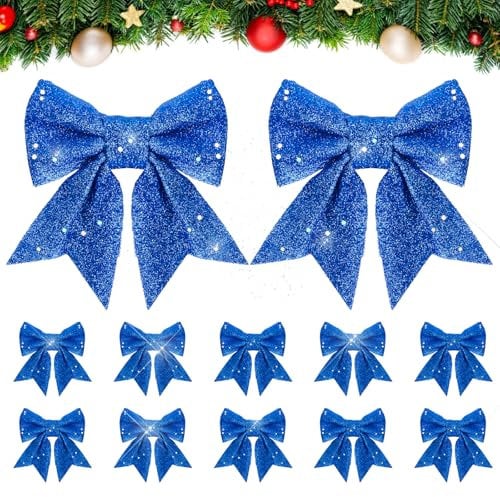 COLOFALLA 12 Stück 12x15cm Weihnachtsschleifen Weihnachten Blau Schleifen Glitzer Weihnachtsbaumschmuck Deko für Weihnachtsbaum Weihnachtskranz Tannenbaum Weihnachtsbaumschleifen (Blau)