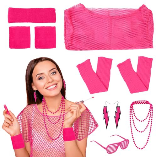 Volumoon Deguisement Annee 80, Femme Accessoire Fluo, Neon T-Shirt Résille Lunettes Boucles d'oreilles Collier Bandeau Bracelets Jambières Neon, pour Fête des Années 80 Halloween Noël Carnaval