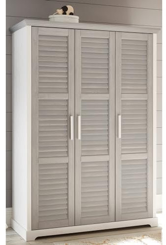 Lomadox Kleiderschrank Massivholz Drehtürenschrank Kiefer massiv weiß mit grau 3-TRG 3 Türen 2 Kleiderstangen 5 Einlegeböden 142 cm breit