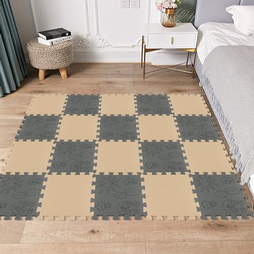 meiqicool Kinder Puzzlematte - Sun Star Moon - Beige + Grau - rutschfeste und abwischbare Schaumstoff-Spielmatte CL38-LJg20
