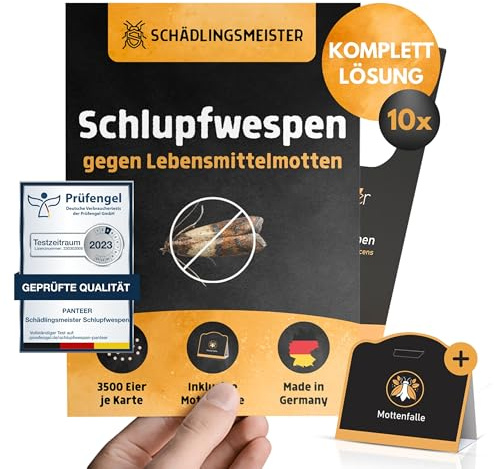 Panteer® Schlupfwespen gegen Lebensmittelmotten + GRATIS Mottenfalle - 30 Karten (10 Karten à 3 Lieferungen) - Schlupfwespen - Lebensmittelmotten Falle - Schlupfwespen gegen Motten - Made in Germany
