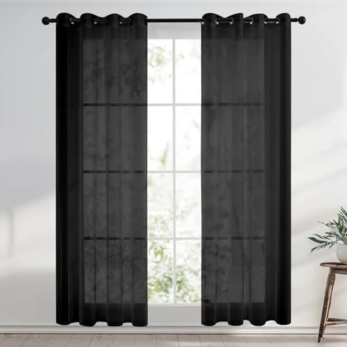 wiipara Sheer Voile Gardinen mit Ösen 2er Set, Transparente Vorhänge Wohnzimmer Ösenvorhang Ösenschal Durchsichtig Luftige Gardinenschals für Schlafzimmer, Schwarze Vorhang 132 x 240 cm (BxH)