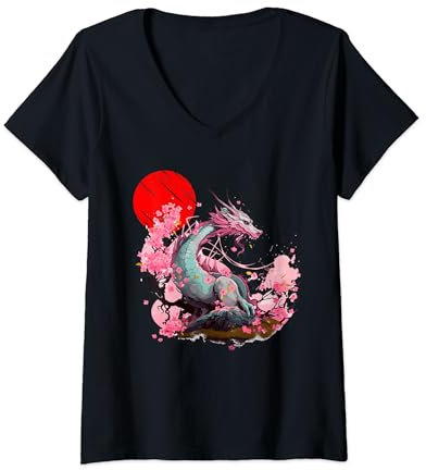 Femme Dragon Japonais Rose Art Esthétique Japon Lune Fille Femme T-Shirt avec Col en V