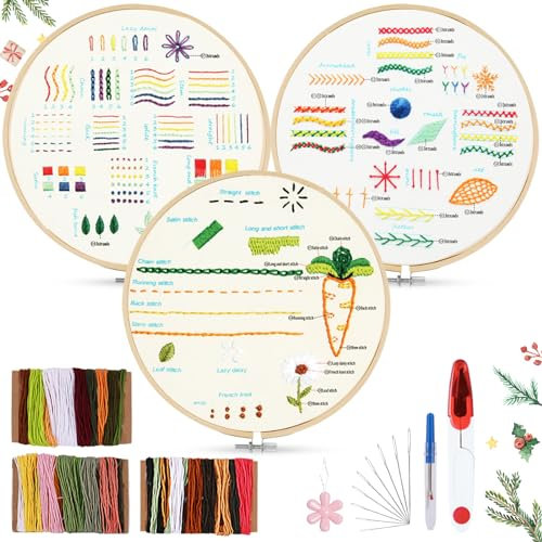 AOTWAN Stickset für Anfänger,Stickerei Set Erwachsene Stickerei Set Kreuzstich-Kit Starter Tools Kit mit 2 Stück Bambus Stickrahmen, Anleitung und Werkzeuge,Kreuzstich Set für DIY Kunst,Handwerk