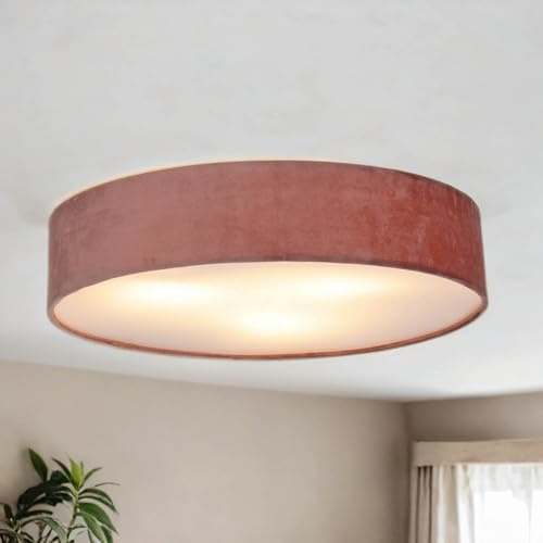 Licht-Erlebnisse Deckenlampe rund Ø 50 cm H: 10 cm Samt Schirm für 3x E27 Rosa Modern Deckenleuchte Schlafzimmer Wohnzimmer Beleuchtung