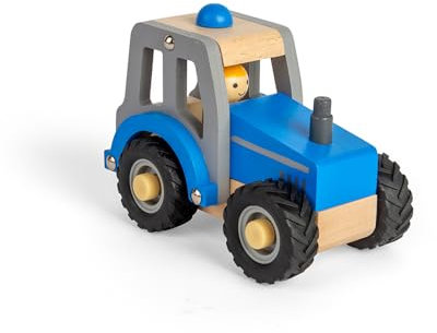 Bigjigs Toys - Mini Blue Tractor - Holzfarmfahrzeug mit realistischen Gummirädern und Bauernfahrerfigur, Kinderspielzeugtraktoren und LKWs, Geschenke für Kleinkinder, 12 Jahre mehr als 12 Monate