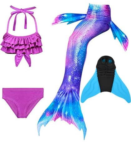 Pyjacos meerjungfrauenflosse mädchen Badeanzug - Meerjungfrau Flosse Bademode mit Bikini Set und Monoflosse Mermaid Tail, 4 Stück Set，lanDH54-130