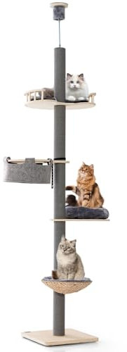 PETSITE Albero per gatti dal pavimento al soffitto con altezza regolabile da 236,2 a 271,8 cm, 5 ripiani in legno con tiragraffi, comoda amaca e cestino, torre per gatti dal pavimento al soffitto