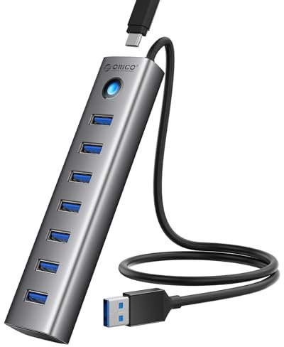 ORICO Hub USB 3.0, Hub USB 5Gbps in Alluminio 7 porte, cavo Lungo 50CM con porta di Alimentazione 5V/3A Type-C, Adattatore USB 3.0 Multipla Compatibile con MacBook, PS4, Surface Pro, HP