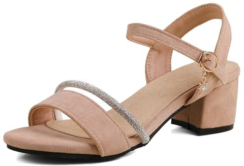 OALEEN Sandales Nu-pieds Femme Eté Petit Talon Carré Bride Cheville Strass Suède Confortable Chaussures Ouverte Soirée Beige 34