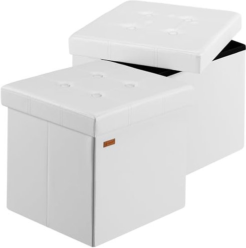 CASARIA® 2x 38cm Square Foldable Stool with Storage Space | Faux Leather with Removable Padded Lid | 38x38cm Ottoman | 40 Litre Capacity Chest | Shoe Accessory Store Box | Set of 2 | White
