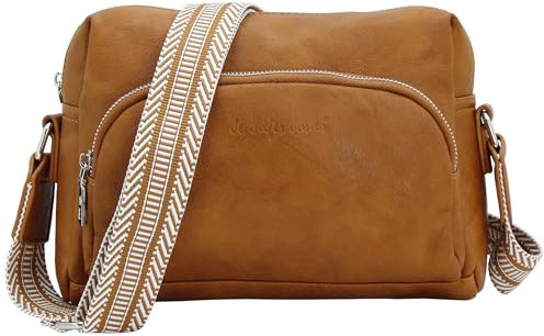 JENNIFER JONES – Modische Damen Umhängetasche – Crossbody Bag mit gewebtem Schultergurt - Cognac