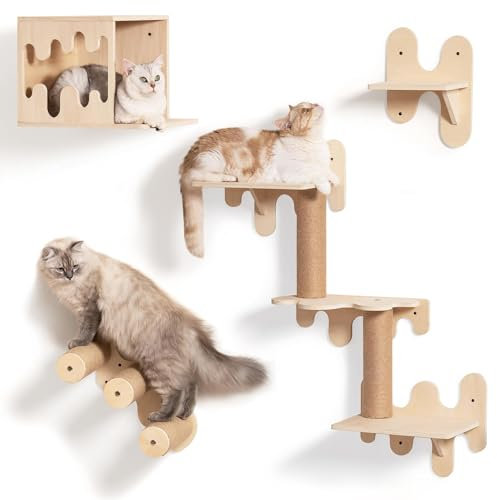 MEWOOFUN Katzen-Wandregale aus Holz, 4er-Pack, Stabile Wandmöbel Mit Stufen, Haus, Kletterregalen und Sitzstange Zur Wandmontage für Kätzchen und Erwachsene Katzen