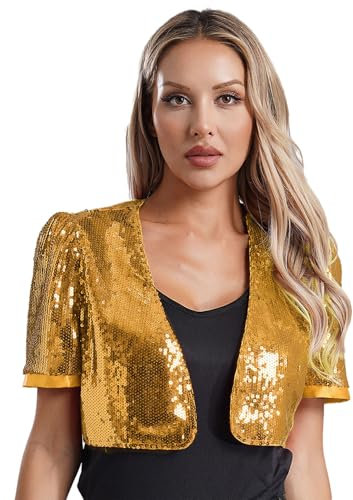 Rswnyirn Damen Bolero Kurz Pailletten Jacke Kurzarm Schulterjacke Bolerojacke Vorne Offen Cardigan Fasching Karneval Disco Kostüm Gold M