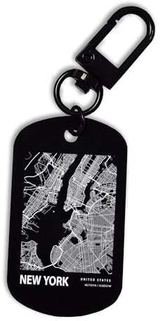 Carte de ville de New York United States, porte-clés gravé en acier, mousqueton, porte-clés, Noir , taille unique