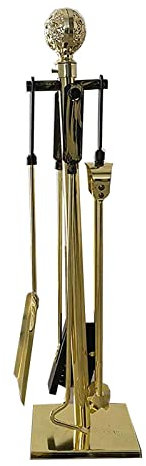Juego de 5 piezas de herramientas para chimenea de latón antiguo para interiores y exteriores, chimenea grande con pinzas para el hogar, cepillo de pala, accesorios de póquer, soporte incluido