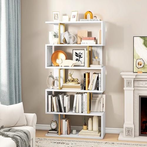 YITAHOME 5 Tier Bookshelf, S-Shaped Z-Shelf Book shelf and Bookcase, Industrial Shelving Unit with Steel Frame, Floorstanding Display Shelf for Bedroom, Living Room, Home Office, Gold