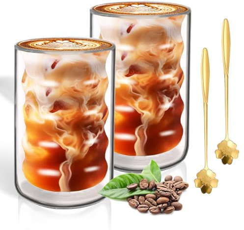 LISDATKE Tasse a Cafe Double Paroi (2 x 400ml) Verre Double Paroi Transparent Tasses à Latte Macchiato avec 2 Cuillère Tasse en Verre pour Café Glacé Cappuccino