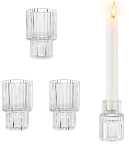 YFaith Stabkerzenhalter Glas, 4 Stück Glas Kerzenhalter, öffnung 2 und 3,5 cm Klare-Dual-Use Kerzenhalter Stabkerzen, Vertikale Streifen Kerzenständer, für Zuhause, Restaurant, Hochzeitsfeier