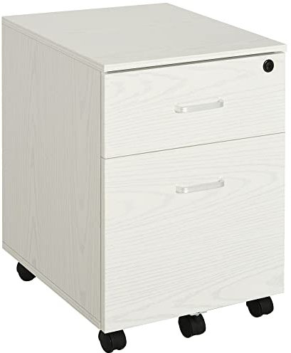 Vinsetto 2-Drawer Locking Office Filing Cabinet w/ 5 Wheels Rolling Storage Hanging A4 Cupboard Home Organisation, White Wood Grain