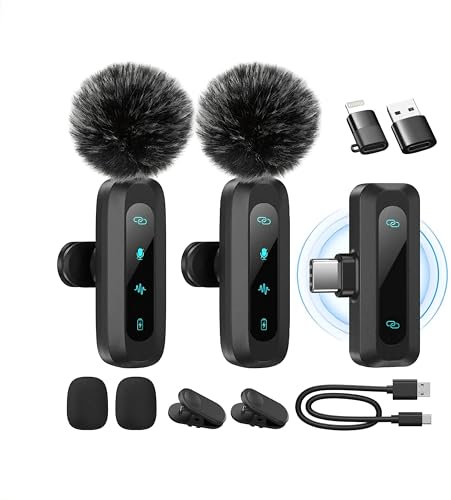 Wireless Lavalier Microphone with USB-C and Lightning Connectors, 2-Pack Mini Microphone with Noise Reduction, Auto Pairing and Mute & Reverb for Vlogging, Video Recording, TikTok, YouTube - Plug & Pl
