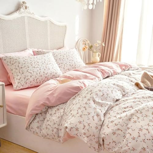 Lanqinglv Bettwäsche 200x200 cm Rosa Weiß Blätter Blumen Muster Pflanzen Wende Bettwäsche Set Microfaser Renforce Bettbezug mit Reißverschluss und 2 Kissenbezug 80x80 cm
