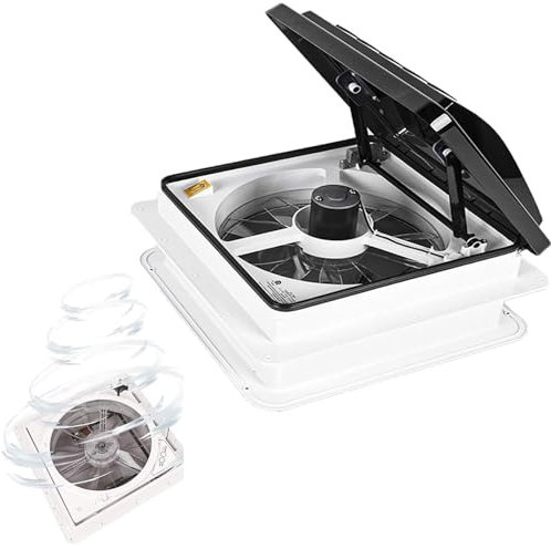 RV Roof Vent Fan 10 Speed 12V Thermostat Rain Sensor Powered Lift Remote and APP Control Timer 14 x 14 Reversible,24v