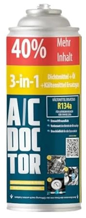 A/C Doctor 3in1 Kältemittel R134A Ersatz-Kältemittel, Dichtmittel und Öl für Auto-Klimaanlagen, kompatibel mit Fahrzeugen 1995-2016